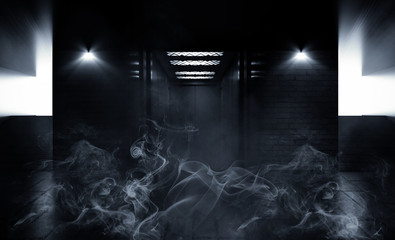 Background of empty dark brick wall, concrete floor, neon light, laser beams, smoke, fog, night. Parking, elevator, stairs