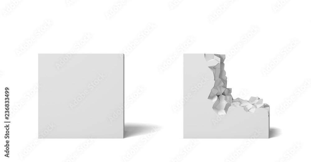 Aufkleber 3d rendering of two isolated white squares one perfect and whole and another half broken.