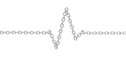 3d rendering of a single chain making a shape of a heartbeat ECG shape on a white background.