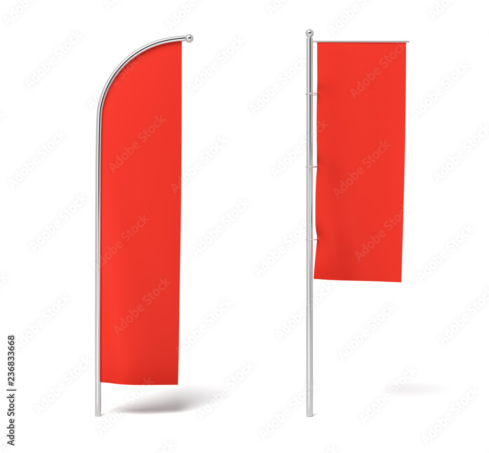 Poster 3d rendering of two monochrome red flags hanging on posts on a white background.