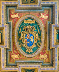 Cardinal coat of arms from the ceiling of the Church of San Marcello al Corso. Rome, Italy
