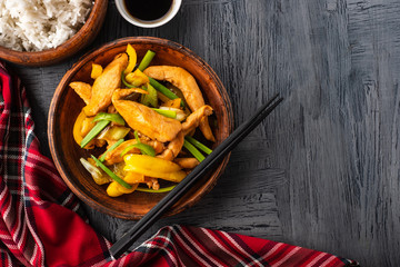 Kung Pao chicken, stir-fried Chinese sichuan traditional sichuan  dish with chicken, peanuts,...