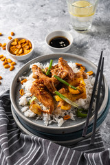 Kung Pao chicken, stir-fried Chinese sichuan traditional sichuan  dish with chicken, peanuts, vegetables and chili peppers.