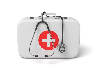 3d rendering of a medical bag with a stethoscope dangling down from it.