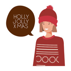 woman with winter clothes and speech bubble