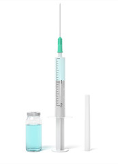 3d rendering of a dram glass vial and a syringe with blue liquid inside and a syringe cap beside.