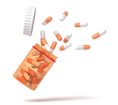 3d rendering of medical pills falling from a plastic jar isolated on white background
