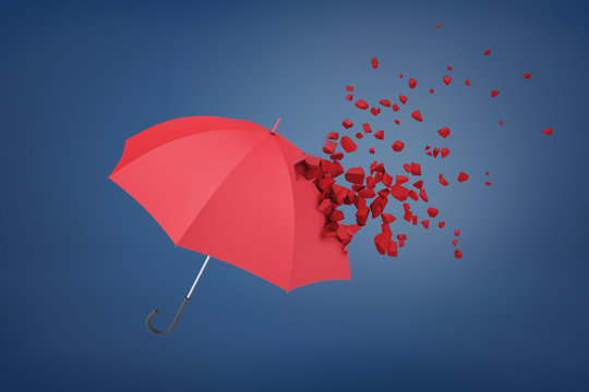 3d rendering of red umbrella shattering on blue background