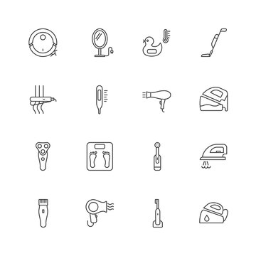 Home appliances line icons.Bathroom electric devices vector icons.Editable stroke.