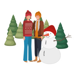 couple with snowman and pine trees