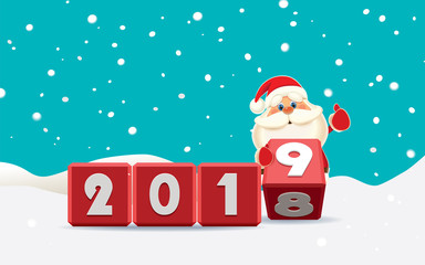 Santa Claus changing date from 2018 to 2019 rotating cubes with numbers in a winter surroundings