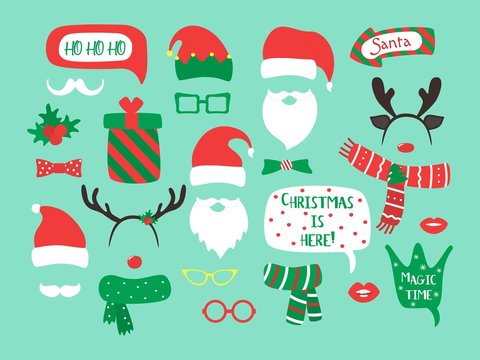Christmas and New Year vector photo booth props and design elements. Vector illustration.