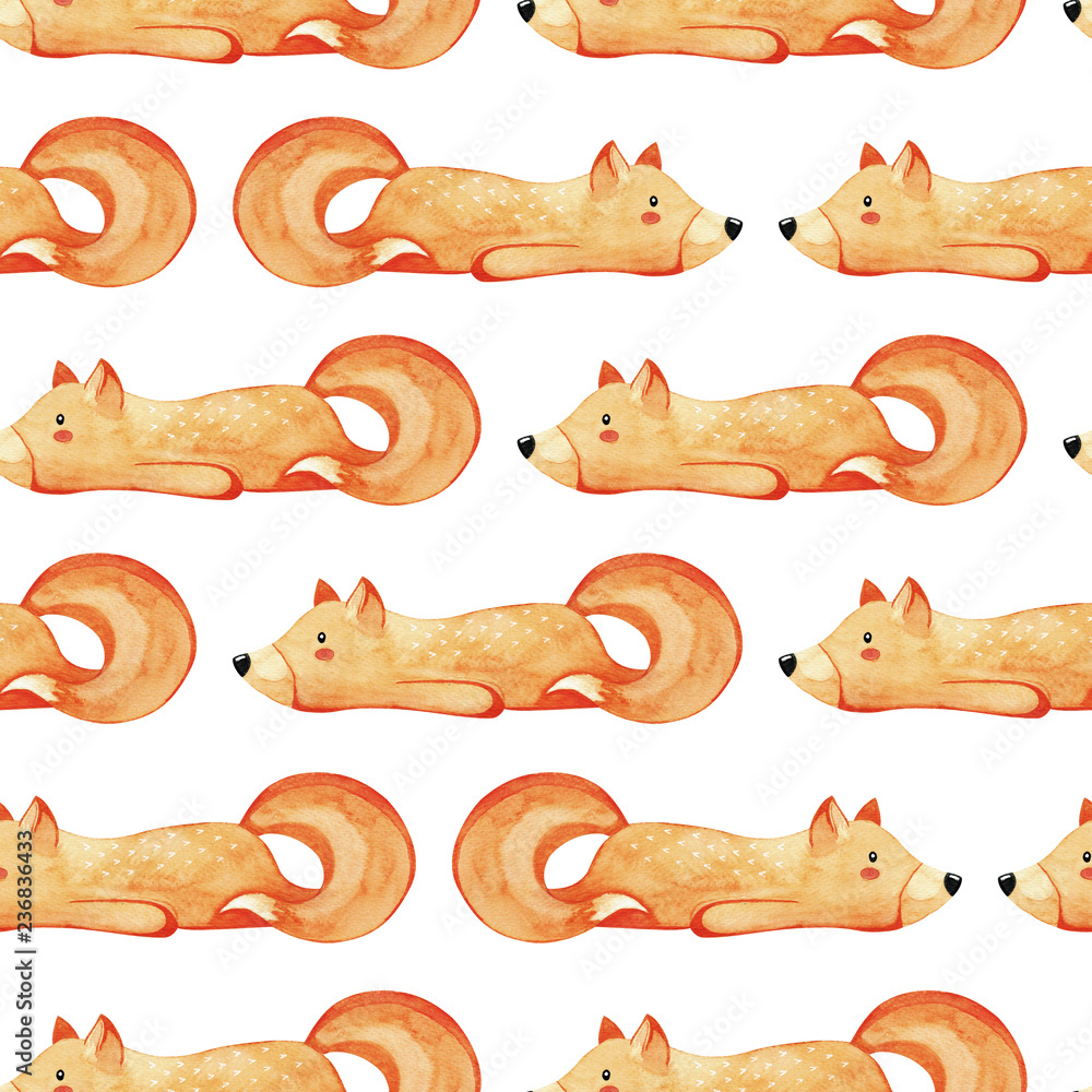 Poster seamless pattern with lazy fox. lazy animal. watercolor.