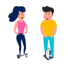 Young man with a young woman ride on a monowheel and a hoverboard. Vector illustration © friendlyvector