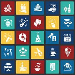 Birthday party icons set on color squares background for graphic and web design, Modern simple vector sign. Internet concept. Trendy symbol for website design web button or mobile app