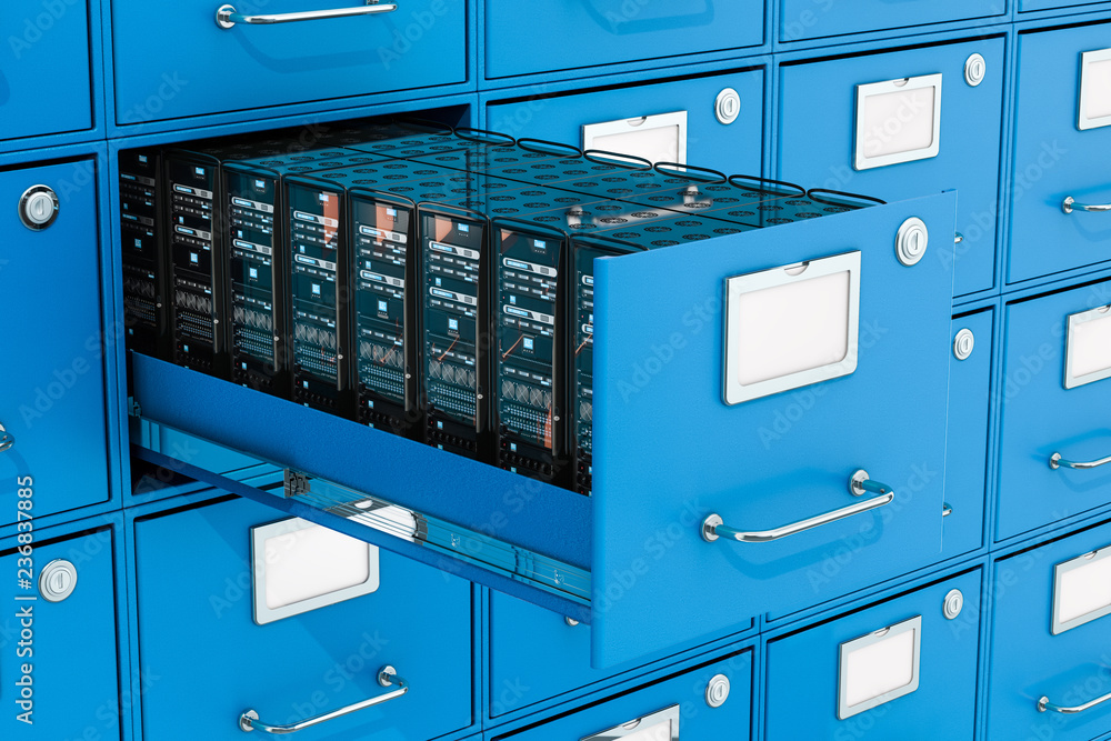 Poster server racks in filing cabinet. data storage concept, 3d rendering