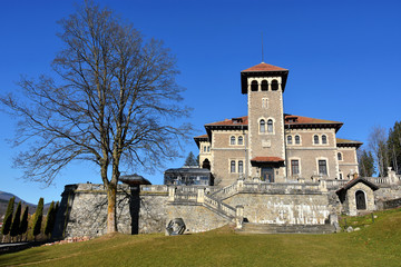 BUSTENI, ROMANIA - NOVEMBER 9, 2018. Beautiful view of Cantacuzino Palace built in neo-romanian style, wish of Prince Gheorghe Grigore Cantacuzino, Busteni mountain resort , Prahova Valley, Romania