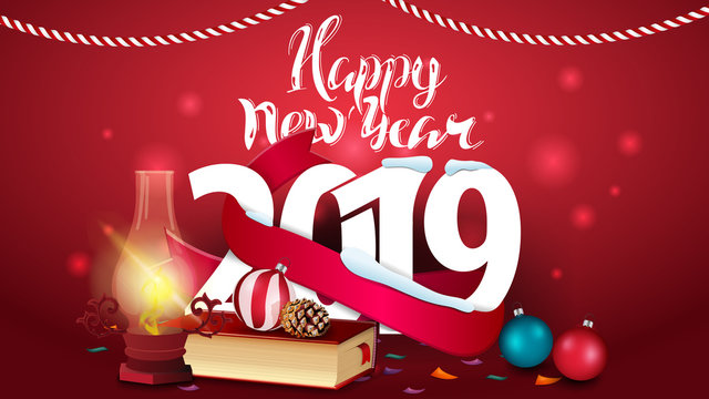 Happy New Year 2019 - red New Year greeting card with books and antique lamp