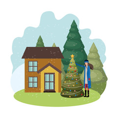 woman with christmas tree outside of the house