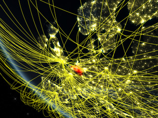 Belgium on planet Earth from space at night with network. Concept of international communication, technology and travel.