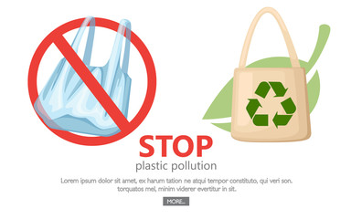 Stop plastic pollution. No plastic bags symbol. Saving ecology logo. Beige fabric cloth or paper bag with green leaf on background. Flat vector illustration on white background