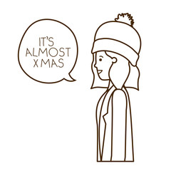 woman with winter clothes and speech bubble