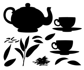 Black silhouette. Fresh tea leaves and pile dry tea. Transparent glass teapot and cups with black tea, for design, advertising and packaging. Flat vector illustration isolated on white background