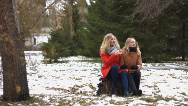 Girls in snowy park.
Two girls sit on a stump in city park and lively communicate. Snowy weather. Laughing.