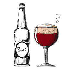 Bottle of beer. Glass with beer. Vector illustration of a sketch style