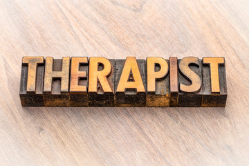 therapist word in wood type