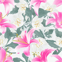 Seamless texture Spring flowers Lily pink Daylily and jasmine nature background vintage vector illustration editable hand draw © zdenat5