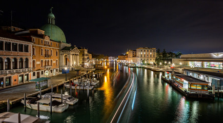 View of the Grand Canal at night from Bridge in Venice, Italy 