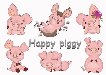 Cute cheerful little pink pigs set, funny piglets cartoon characters in different situations vector Illustration on a white background