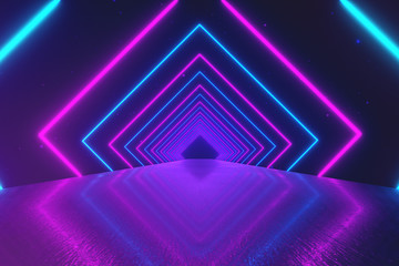 Abstract motion geometric background, glowing neon squares creating a rotating tunnel, blue pink...