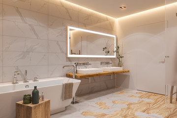 Interior design of a bathroom, 3d illustration in a Scandinavian style