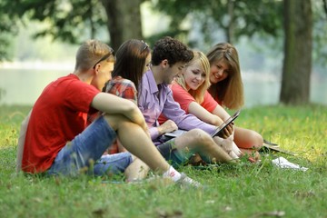 Naklejka na ściany i meble group of students with a laptop sitting on the grass in the Park