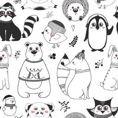 Seamless pattern with animals and different christmas elements. Vector illustration in sketch style