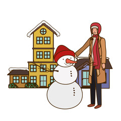 man with snowman outside of the house