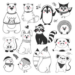 Set of animals and different christmas elements. Vector illustration in sketch style