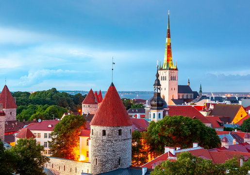 Tallinn skyline with St. Olav's Church (Oleviste kirik) at sunset, Estonia