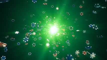 Flying casino chips in camera with rays of light on a colorful background 3d illustration