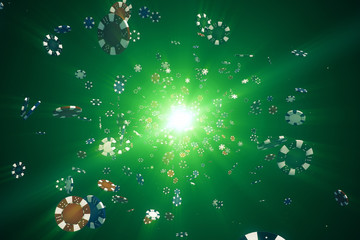Flying casino chips in camera with rays of light on a colorful background 3d illustration