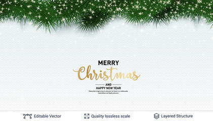 Holiday banner with Fir tree border and stars.