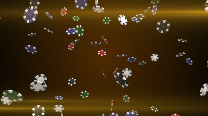 Flying casino chips in camera with rays of light on a colorful background 3d illustration