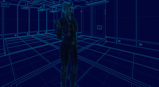 wire frame illustration of a cyberpunk woman in a futuristic laboratory that belongs to a digital environment such as a video game