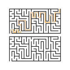 Black rectangular labyrinth with an input and an exit. An interesting and useful game for children. Simple flat vector illustration isolated on white background. With the answer.