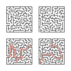 A set of square mazes. Game for kids. Puzzle for children. Labyrinth conundrum. Flat vector illustration isolated on white background. With answer.