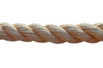 Rustic ship rope hanging on white background, Beige cotton thread for drying clothes close-up
