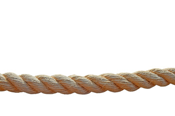 Rustic rope hanging on white background, Beige cotton thread for drying clothes close-up