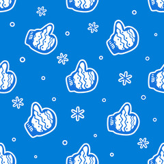 Vector seamless pattern with thumbs up in christmas mittens. Hand drawn vector illustration.